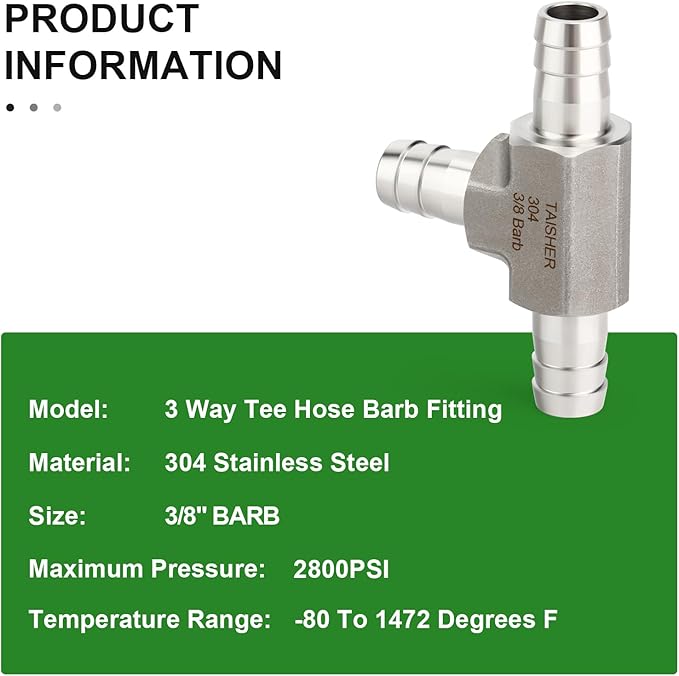 TAISHER 1PCS Forging of 304 Stainless Steel 3 Way Tee Hose Barb Fitting, 3/8" x 3/8" x 3/8" Hose Barb for Fuel/Air/Lquid/Gas with 3PCS Hose Clamp