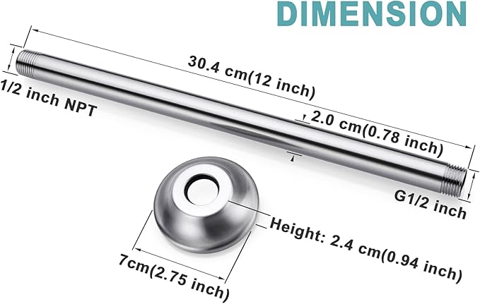 BESTILL 12 Inch Ceiling Mount Rain Shower Head Arm and Flange, Brushed Nickel