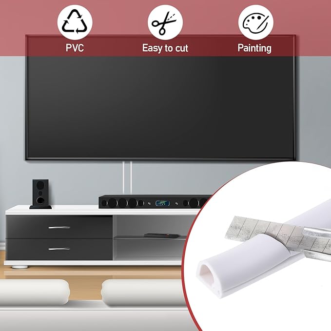 39" Side Cord Wall Cover, Buckle Cable Hider, Silicone Cord Hider, Self-Adhesive Cords Cover for Wall Mount TV, White PVC Wire Channel for Home Office Cable Management