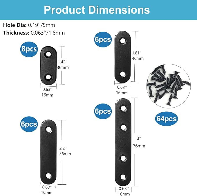 QSJ 26 Sets Flat Plate Straight Bracket Flat Brace Bracket Stainless Steel, 36mm/46mm/56mm/76mm Wood Brackets Mending Repair Plate Brace