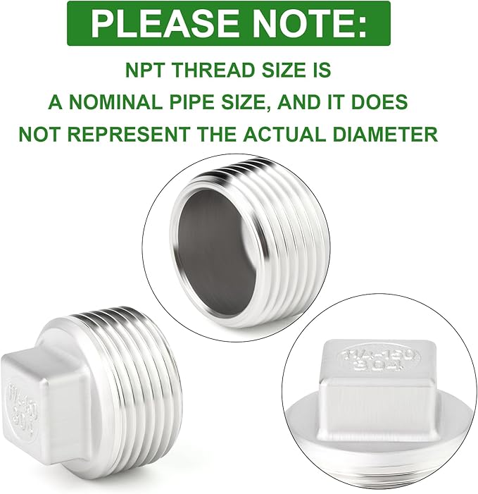TAISHER 2PCS 304 Stainless Steel Outer Square Thread Socket Pipe Plug Fitting 1-1/4" NPT Male