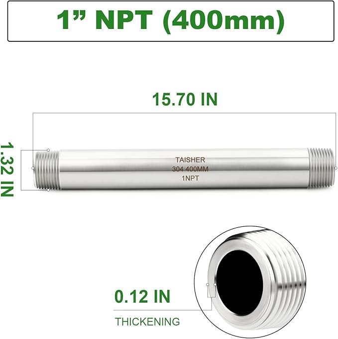 TAISHER 2PCS Stainless Steel Pipe Fittings, 1" NPT Male x 1" NPT Male Threaded, 16" Length Thickened Nipple Cast Pipe