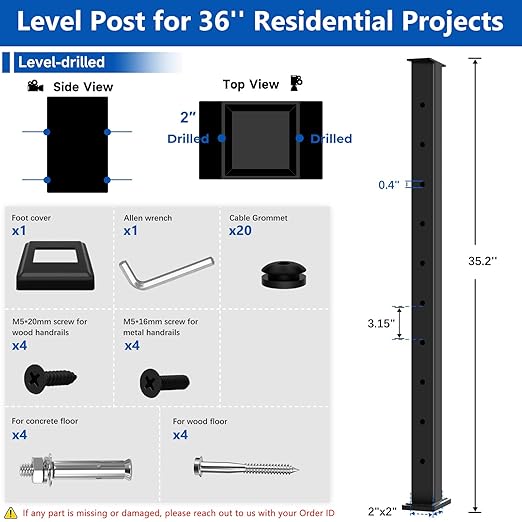 Upgraded Swageless Level Drilled Cable Railing Post 36"(Post 35"x2"x2"), Heavy-Duty Fixed Top Line Post with Cable Grommets, T304 Stainless Steel, Black Powder Coated for Outdoors Decks