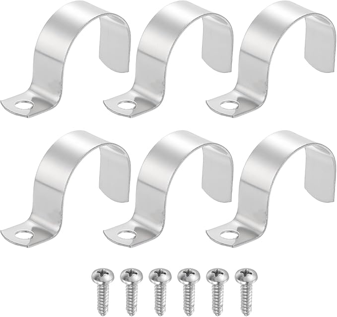uxcell 6Pcs 40mm(1-9/16") One Hole Rigid Pipe Strap, 304 Stainless Steel Conduit Clamp Thicken U Bracket Heavy Duty Pipe Clamp with Self-Tapping Screws for Fixing Tube Cable, Silver