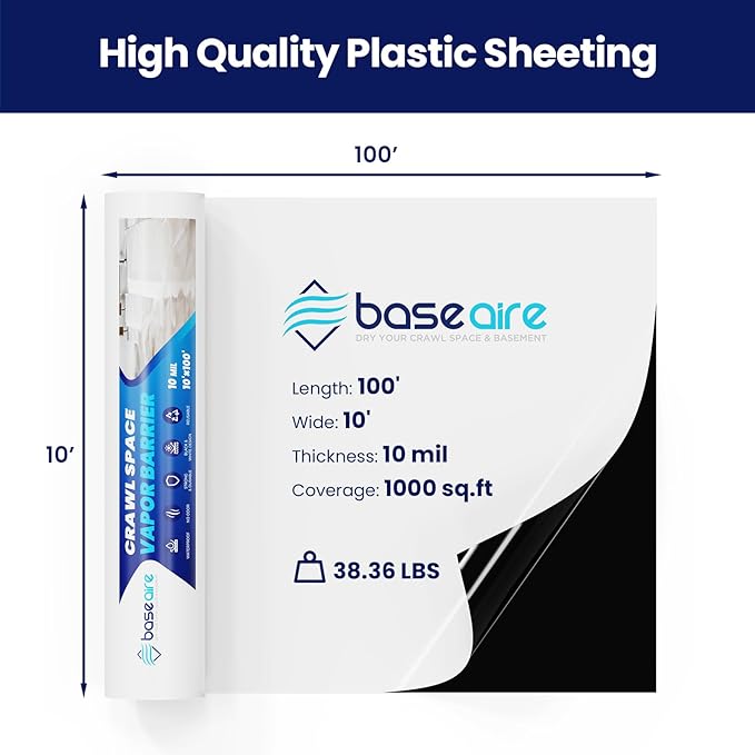 BaseAire Crawl Space Vapor Barrier, 10mil Film, 10'x100', Thick Plastic Sheeting, Drop Cloth Vapor Barrier Covering for Crawlspace Encapsulation, Black and White Panda Film