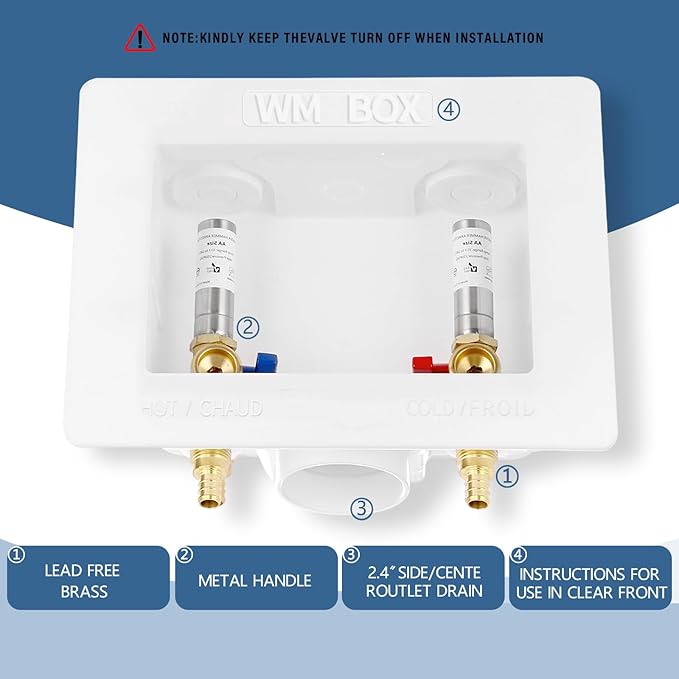 Premium Washing Machine Outlet Box, with Stainless Steel Water Hammer Arrestor, 1/2-Inch Pex Crimp x 3/4-Inch MHT Connection, Laundry Washer Valve Outlet Box with Clear Text Instructions