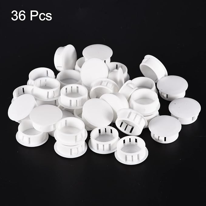 uxcell 31/32" Plastic Hole Plugs, 36Pcs Flush Type Panel Round Snap in Fastener Knockout Locking Plugs for Furniture Insert End Caps Panels, White