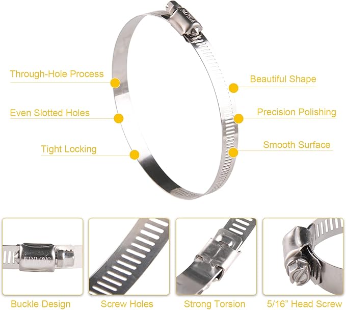 Winlong Stainless Steel 4'' Hose Clamps, 8PK SAE 72 Worm Gear Drive Hose Clamps 3 to 5 Inch (76-127mm) for Automotive Plumbing, 3'', 4'', 3.5'', 3 1/2'', 3 3/4'', 4 1/2'', 4.5'', 4 3/4''