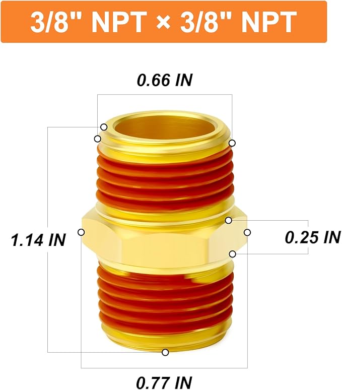 GASHER 10PCS Brass Pipe Fitting, Hex Nipple, 3/8" Male Pipe x 3/8" Male Pipe With Sealant