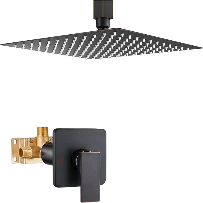 Heyalan Shower Faucet Set Square Stainless Steel Bathroom Rainfall Shower System One Handle Single Function Shower Trim Kit with Rough-in Valve Male Thread,Ceiling Mount,12 Inch,Oil Rubbed Bronze