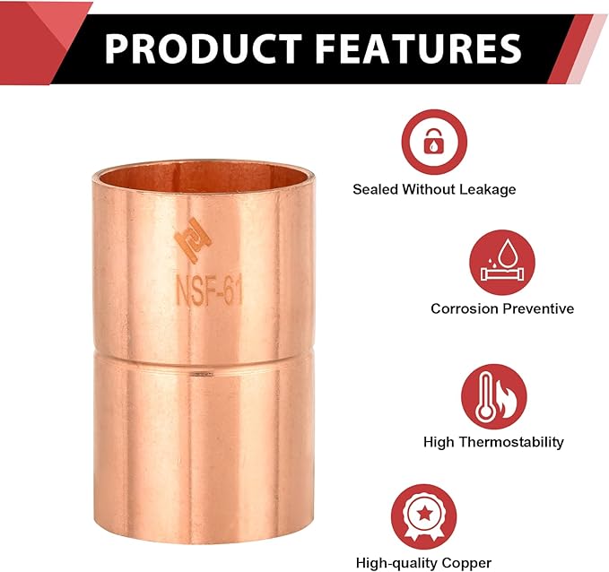 EFIELD 2-Inch C X C Copper Coupling With Rolled Stop, LF Copper Plumbing Fittings with Sweat Solder Connection,(COPPER089)