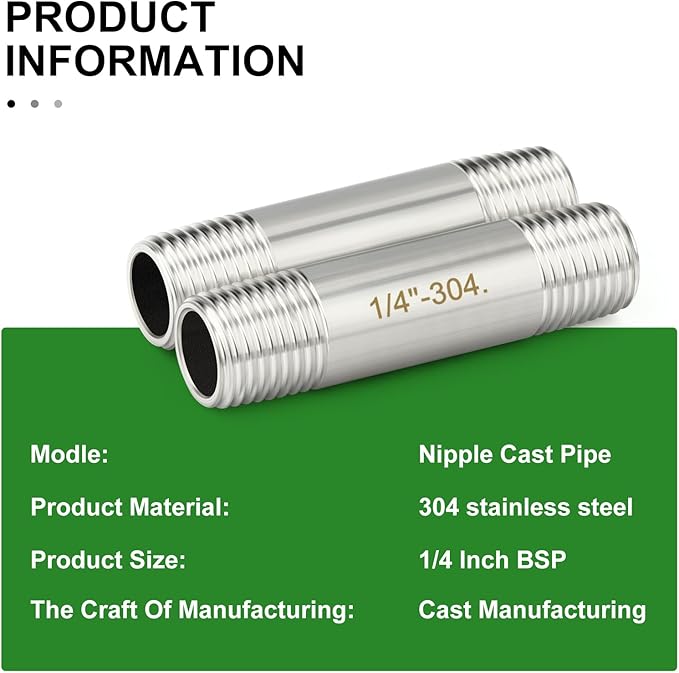 TAISHER 2PCS Stainless Steel Pipe Fittings, 1/4" BSP Male x 1/4" BSP Male Threaded, 2" Length Nipple Cast Pipe