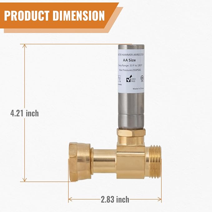 SUNGATOR 3/4 Inch Washer Water Hammer Arrestor, 3/4" GHT Male x 3/4" GHT Female Washing Machine Water Hammer Arrestor for Laundry Line, Stop Hose Shock, 1 Sealing Tape Include