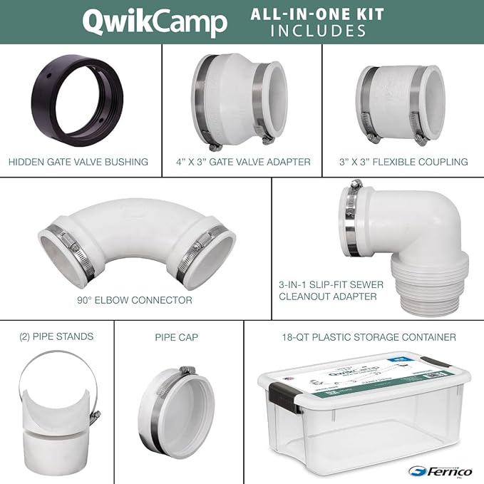 Fernco QwikCamp RV and Camper Sewer Waste Plumbing Connection System Kit with Slip Fit Coupling Adapter for 3-in. PVC Pipe and Pipe Stands in White