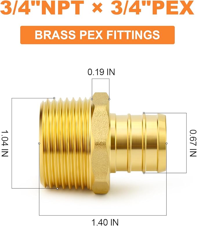 GASHER 2Pcs No Lead Brass 3/4" Pex Male Adapter, 3/4" Male NPT to 3/4" PEX Adapter for Pex Tubing