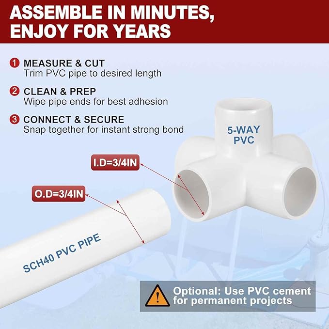 12Pcs 3/4" Elbow PVC Fitting, SCH40 5-Way Cross Furniture Grade PVC Pipe Fitting, DIY Corner Elbow Connector for Building Furniture, Greenhouse Frame Connection, Socket x Socket