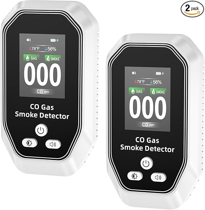 6-in-1 Portable Carbon Monoxide Detectors Plug in, MODOFO TOOL Smoke and Carbon Monoxide Detector with Built-in Battery, Natural Gas Leak Detector, HD Display for CO Gas Smoke Temp Humidity White 2Pcs