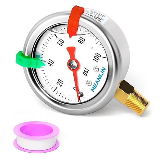 MEANLIN MEASURE 0~100Psi Pressure Gauge, Glycerin Filled 1/8" NPT 1.5" FACE DIAL, Stainless Steel Liquid Filled Pressure Gauge WOG Water Oil Air Lower Mount (with 2PCS Snaps)