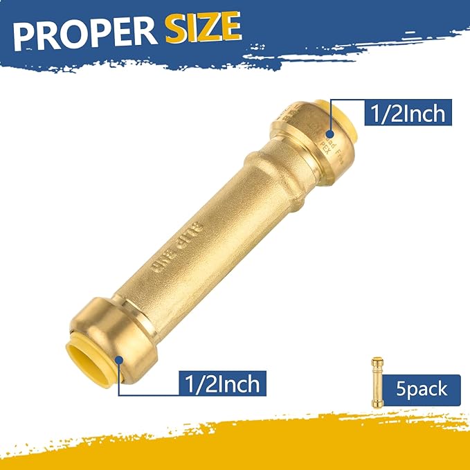 Slip Coupling,1/2 Inch Push-fit Slip/Repair Coupling with Disconnect Clip, 1/2" Push Fittings for Copper, PE-RT, CPVC Pipe(Pack of 5)(PF106)