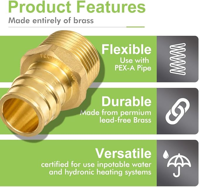 5 Pack Brass Expansion Male Adapter, 3/4 Inch Male NPT to 3/4 Inch PEX-A Brass Expansion PEX-A Fittingse,NSF/ANSI 61 NSF 372 Certificate, ASTM F1960 Certified