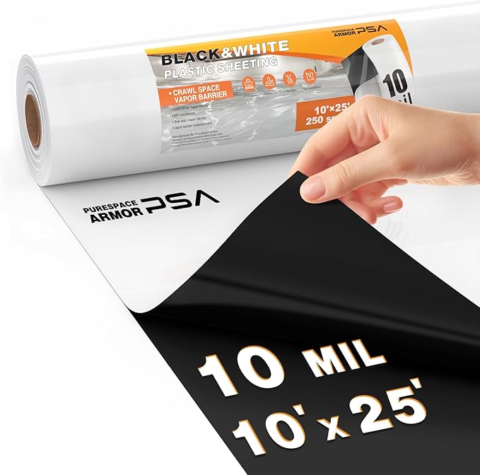 Crawl Space Vapor Barrier, 10 Mil Vapor Barriers, 10' x 25', Drop Cloth Vapor Barrier Covering for Crawl Space Encapsulation, Heavy Duty Polyethylene Plastic Sheeting, Black and White Panda Film