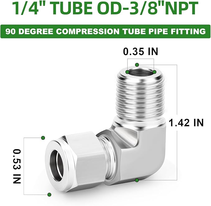 TAISHER 1PCS 316 Stainless Steel 90 Degree Compression Tube Pipe Fitting Connector, 1/4" Tube OD x 3/8" NPT Male Adapter