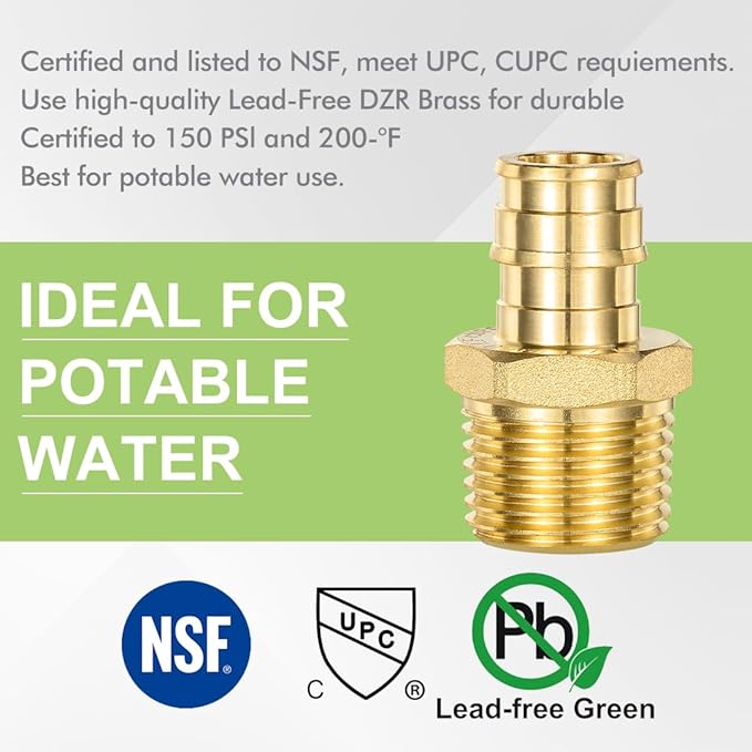 10 Pack 1/2" Pex-A Expansion Male Adapter, 1/2" NPT to 1/2" PEX Brass Expansion PEX-A Fittings,Zero-Lead Brass NSF/ANSI 61 NSF 372 Certificate, ASTM F1960 Certified