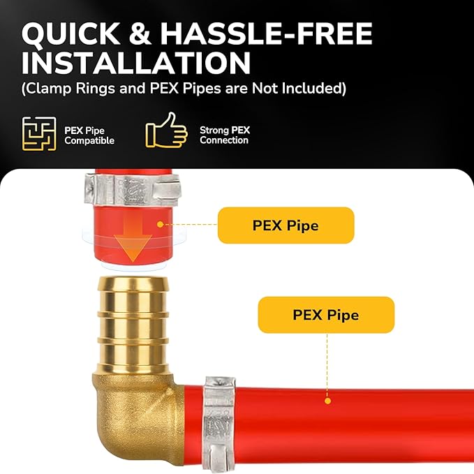 25 Pack Pex Fittings, 1/2" Pex 90 Degree Elbow, Heavy-Duty Brass Crimp Fittings for PEX Pipes with Leak-Resistant Construction, NSF & UPC Certified