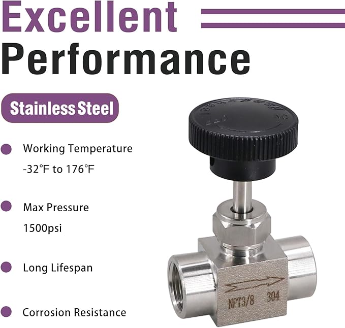 Needle Valve NPT 3/8 Female Thread Straight Needle Valves Stainless Steel 304 Flow Control Valve for Water/Gas/Oil, 1PC
