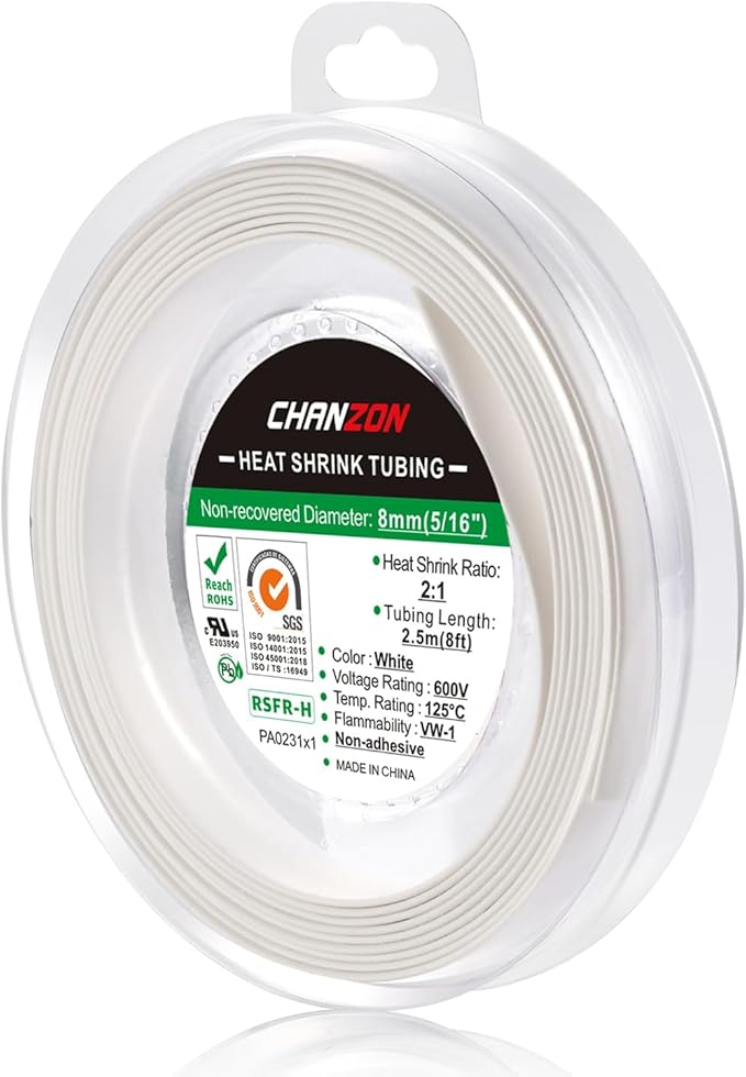 Chanzon 2:1 Ratio 5/16" (8mm) Heat Shrink Tubing 8Ft Roll (2.5M Total Length) White Polyolefin Sleeving Wrap Shrinking 2 to 1 1pcs