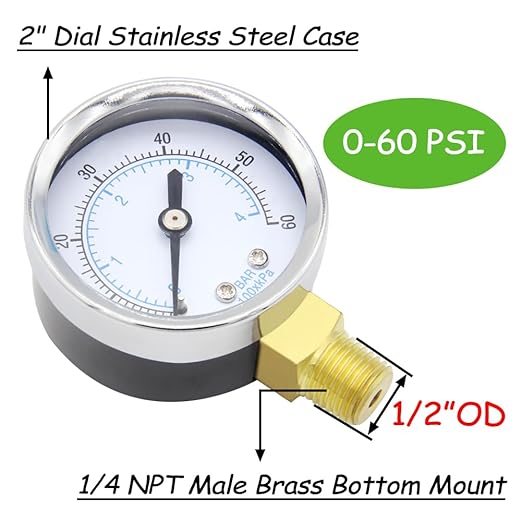 Pressure Gauge 0-60PSI 2" Dial Stainless Steel Case 1/4" NPT Male Brass Bottom Mount Universal Multifunctional