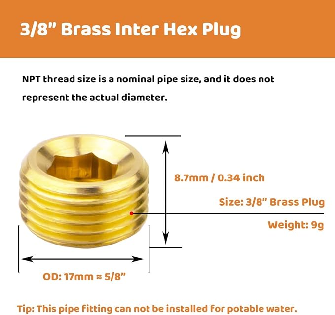 (5-Piece) Besosay 3/8" NPT Brass Pipe Plug Fitting, Counter Sunk Thread Internal Hex Head Style Male for Closing the End of Pipe