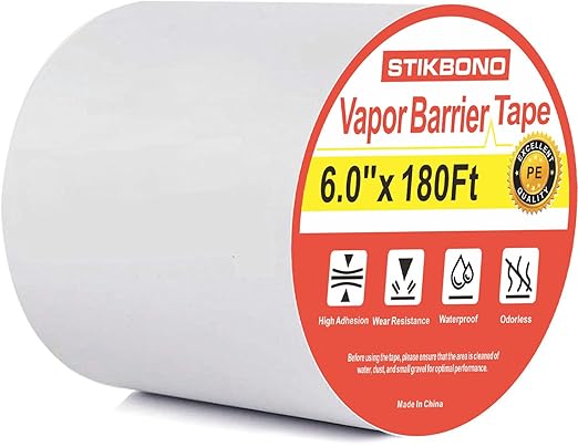 Vapor Barrier Tape 6 Inch x 180' x 4mil 1-Pack Moisture Barriers Seal and Seam Tape, White Polyethylene Tape for Crawl Space,Waterproofing, Underlayment,Metal Building and Plastic Sheeting