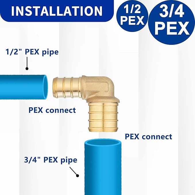 (10 Pack) Lidertik Pex Fittings 90 Degree Elbow Crimp Fitting, 1/2" PEX B F1807 to 3/4" PEX B F1807 Adapter Brass LI-APXE1234(10 Pieces)