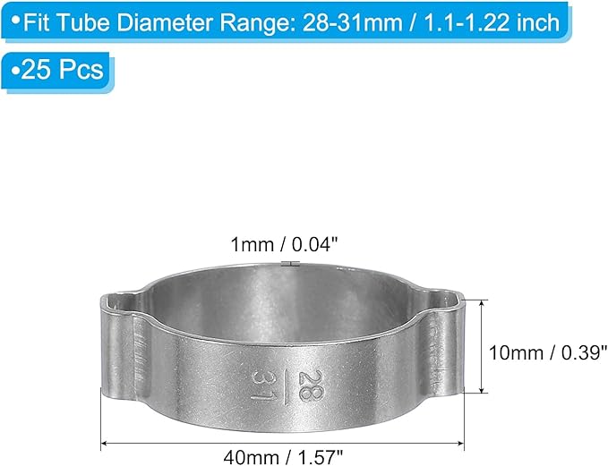 PATIKIL 25 Pack 28-31mm Double Ear Hose Clamp, 304 Stainless Steel O Clip Crimp Rings for Fuel Petrol Pipe Tube Fitting Connections, Silver Tone