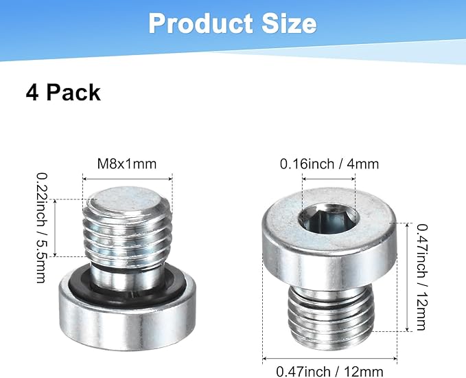 2-Pack M8x1mm Inner Hex Head Pipe Fitting Plug, Carbon Steel Sensor Socket Plug with Seal O-Ring for Terminate Pipe Ends/High Pressure Washer, Sealing Screw