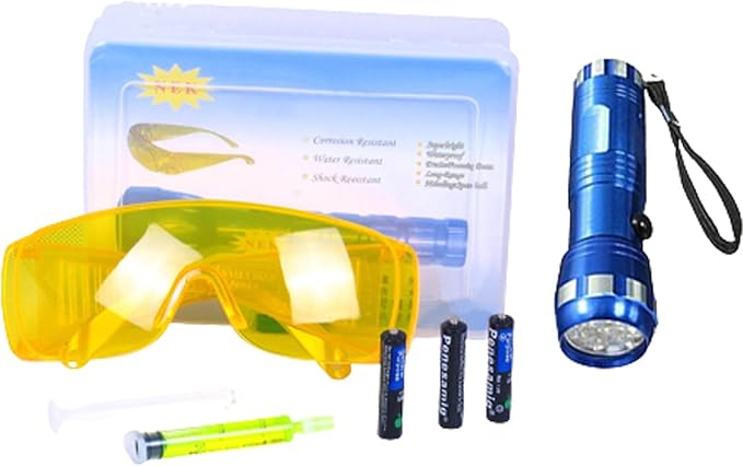 AC Leak Detector Kit Automotive, Auto Air Conditioner Flashlight Leak Detector Tool , Fluorescent Protective Glasses Air Conditioning Accurate Leak Detector Kit, UV Oil Dye Leak Detection Kit (L)