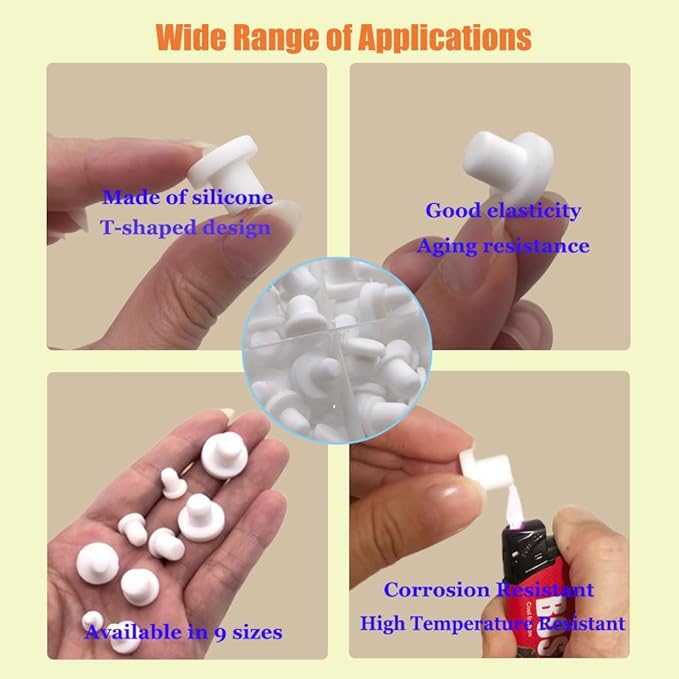 100 Pcs Silicone Rubber Hole Plugs Set - 9 Sizes T-Type Black Silicone Plugs Caps for Powder Coating, Waterproof Sealing, Pipe/Test Tube Caps - Heat Resistant, Durable, Multi-Purpose (White)