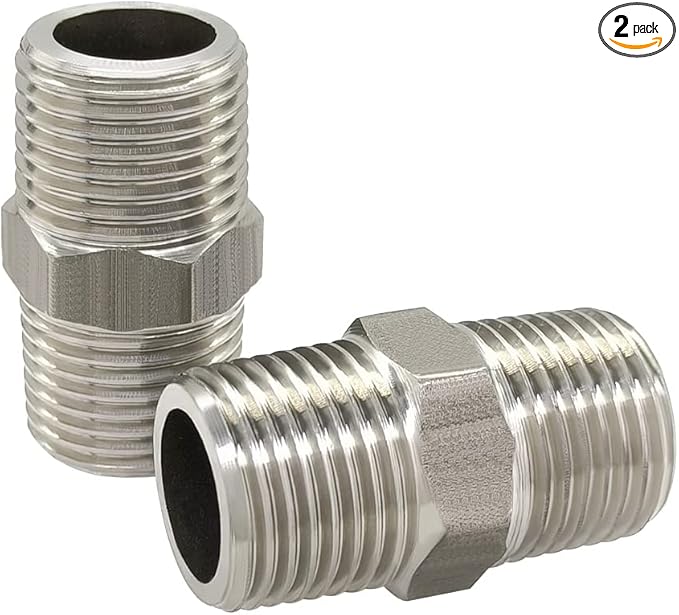 Hooshing 2PCS 3/8" NPT Stainless Steel Hex Nipple 3/8" Male to Male NPT Thread Pipe Fittings