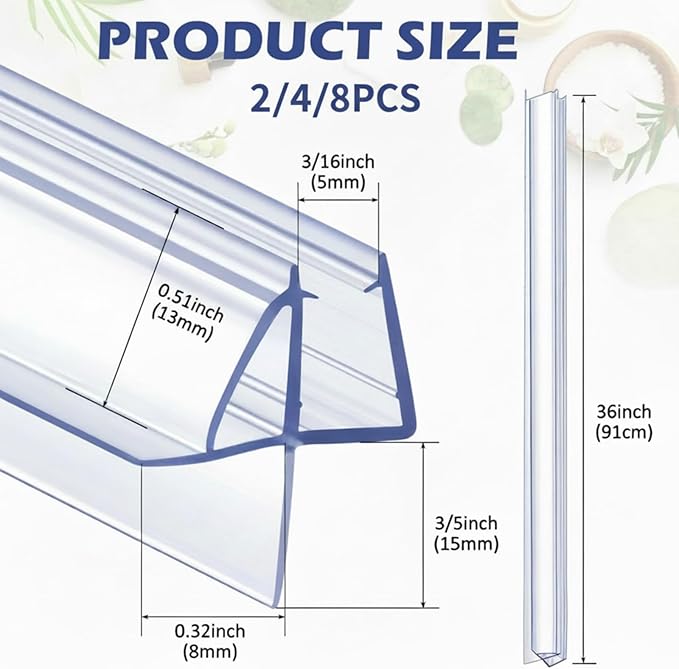 Frienda 2 Pcs Shower Door Bottom Seal 3/16" x 36'' Clear PVC Glass Door Sweep Shower Frameless Seal Strip for Replacement Stopping Leaks and Creating Water Barrier