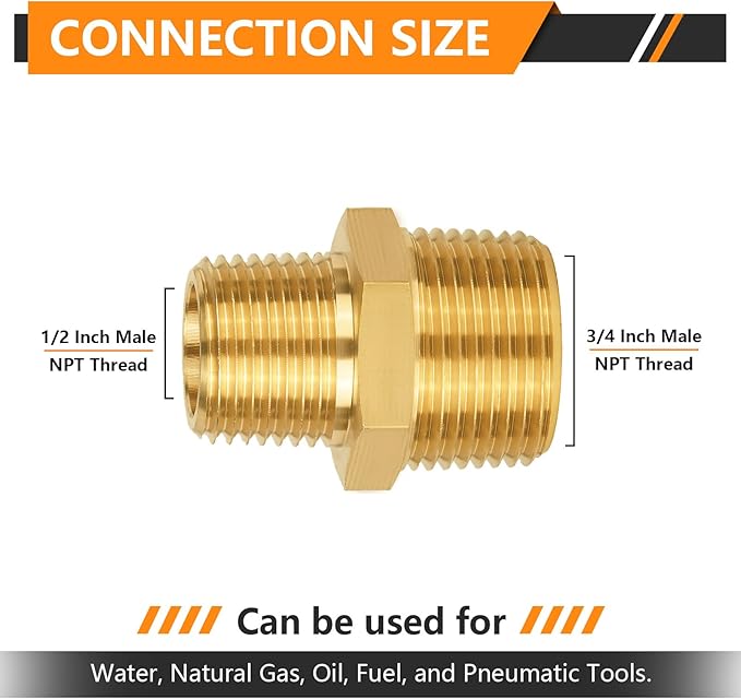 10-PCs HeSun Brass Hex Nipple Pipe Fitting, 3/4" NPT Male x 1/2" NPT Male Hex Pipe Adapter