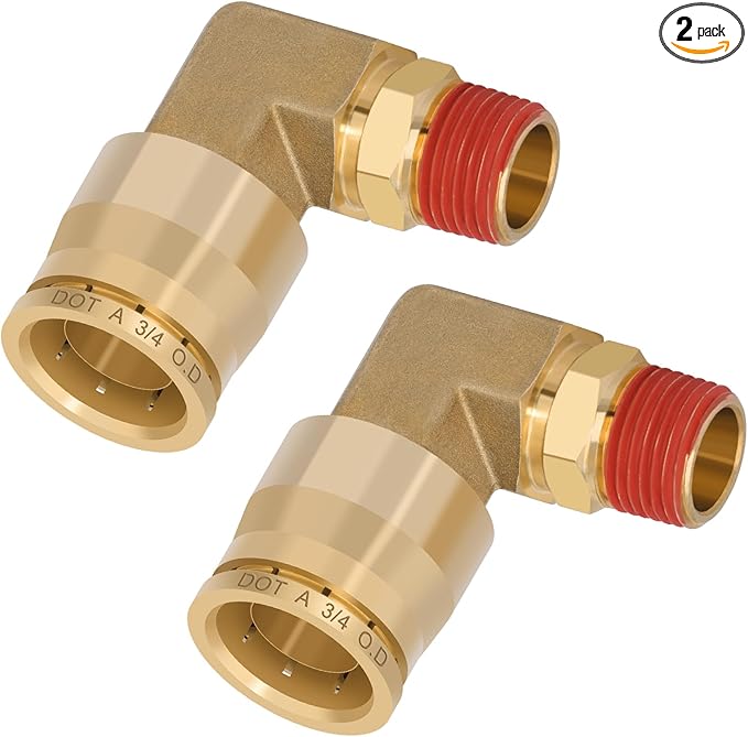 3/4" Quick Push to Connect Fittings Brass 90 Degree Union Swivel Elbow Joint DOT Approved 3/4" Tube OD x 3/8" NPT Thread Air Brake Line Adapter Air Suspension Kit for Car Truck Trailers 2pcs