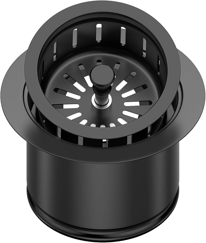 Kitchen Extended Garbage Disposal Flange Strainer Stainless Steel Flange Kit with Basket Strainer and Drain Stopper for 3 1/2 Inch Standard Sink Drain, Deep Sink Flange for Disposer, Black Brushed