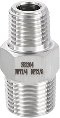 1 Pack 304 Stainless Steel Male to Male Adapter, 3/8" Male NPT x 1/4" Male NPT Hex Nipple Pipe Extension Fitting for Industrial, Automotive, Fluid Transfer, Home Gardening, Water