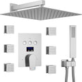 Temperature Display Rain Mixer Shower Faucet Set with 6 Body Jets 12 inch Square Rainfall Shower Head with Handheld Spray Wall Mounted Rough-in Valve and Trim Included,Brushed Nickel