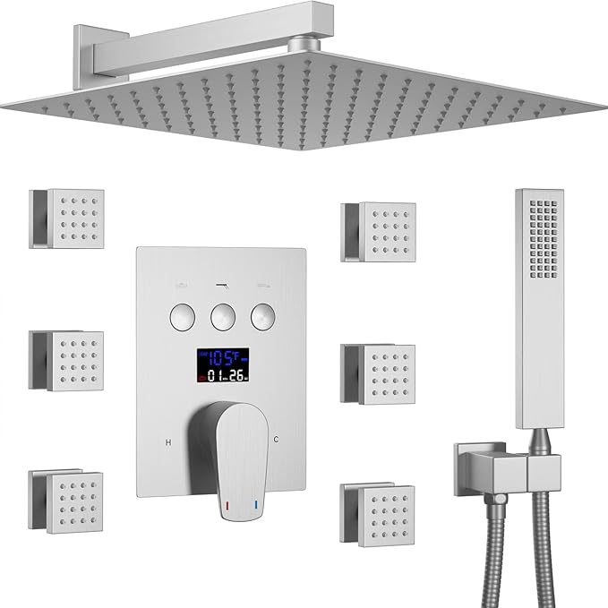 Temperature Display Rain Mixer Shower Faucet Set with 6 Body Jets 12 inch Square Rainfall Shower Head with Handheld Spray Wall Mounted Rough-in Valve and Trim Included,Brushed Nickel