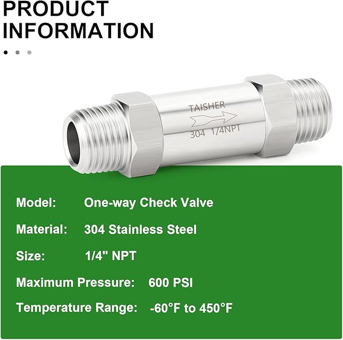 TAISHER 1PCS 304 Stainless Steel 1/4" NPT Male Check Valve,Backflow Prevention,One Way Non-Return Check Valves