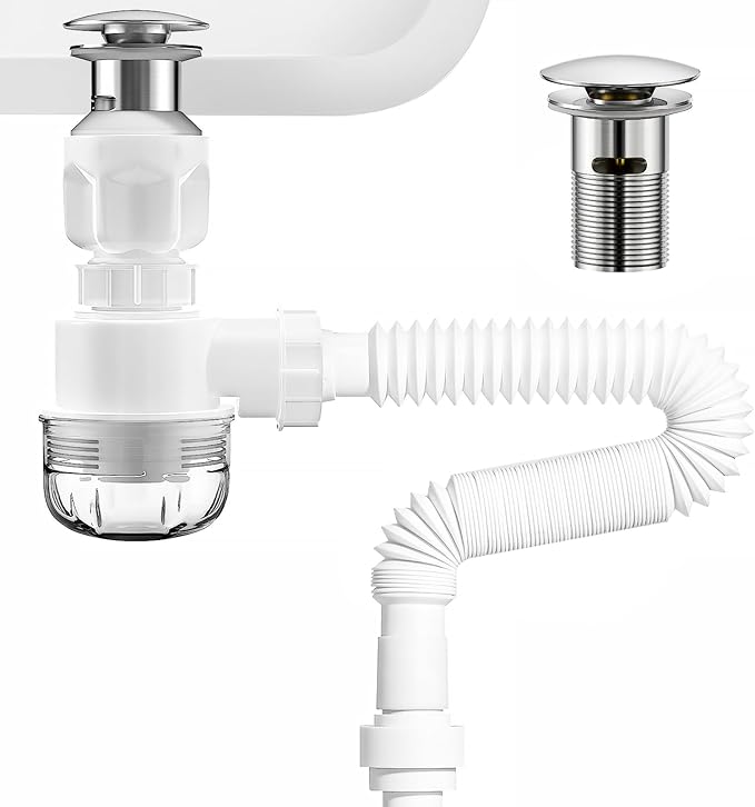 BOTEMY Brushed Bathroom Sink Drain Kit with Flexible Sink Drain Pipe -No Tool Installation,11.8-28.4" Anti-Odor Expandable Sink P-Trap,1.25"-1.5" Pop Up Stopper &Strainer Hair Catcher(with Overflow)
