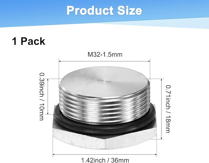 1-Pack Outer Hex Head Thread Pipe Plug Fitting, M32x1.5mm Male 304 Stainless Steel Solid Thread Bung Plug with Sealing Ring for Terminating Pipe Ends