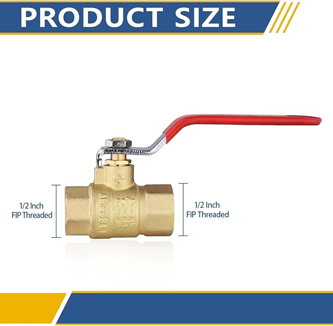 1/2" Heavy Duty Full Port Brass Ball Valve,600 WOG FNPT FIP Threaded Valve for Compressed Air, Water, Plumbing or Oil(2 Pack,Red Handle)(VALVE034-2Pack)